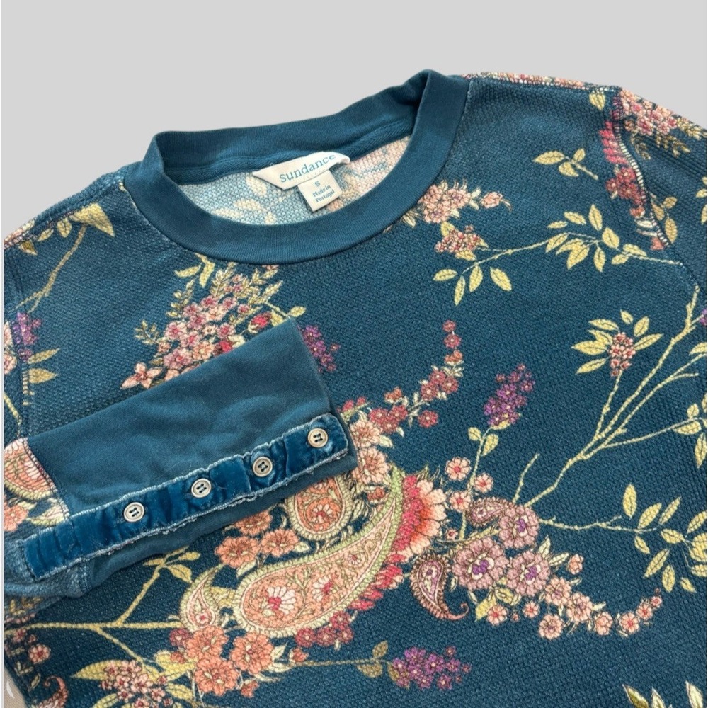 Sundance Floral Paisley Waffle Knit Thermal Womens Small Button Cuffs Boho Layer